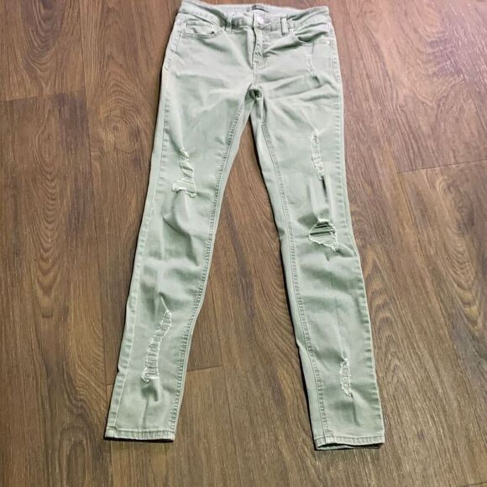 Refuge pale‎ green distressed skinny jeans mid rise stretch jeans